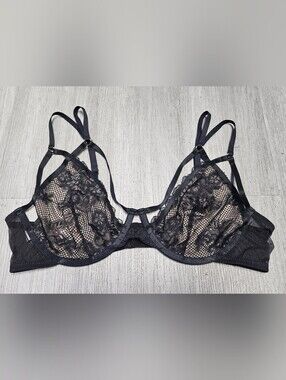 Adore Me Black Lace Underwire Cage Bra 38D Strappy Lace Bra Sheer Mesh Bra
